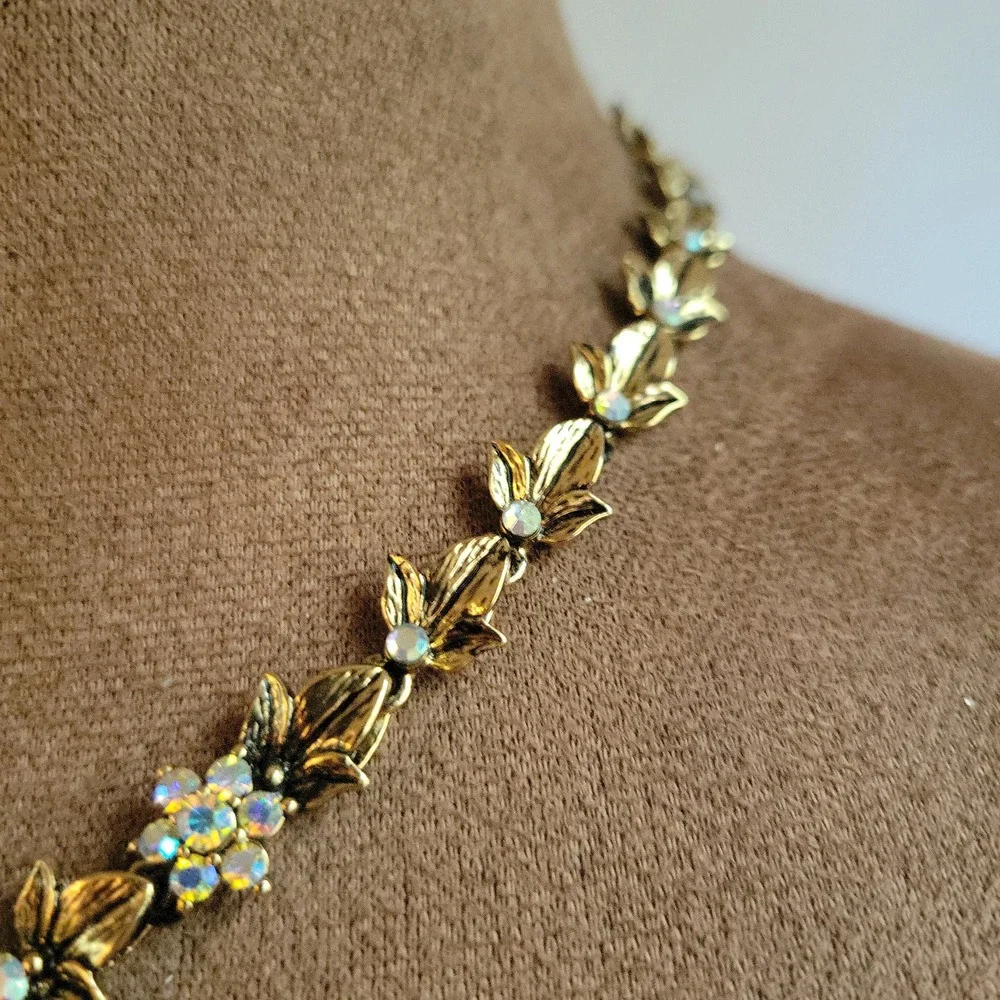 Vintage Style Gold Tone AB Rhinestone Floral Leaf Necklace 15 Inch Cottagecore